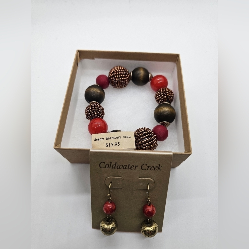 Coldwater Creek Red and Brown Beaded Bracelet and Earrings Set